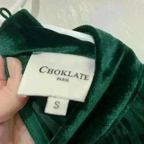 Choklate Velvet High Neck top green holiday party small blouse - Picture 3 of 4